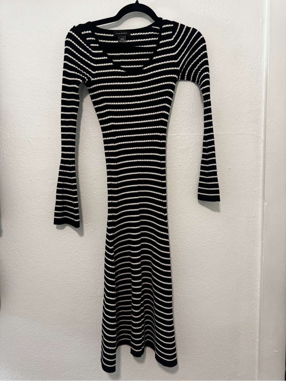 Club Monaco Black & White Striped Long-Sleeve Midi Dress